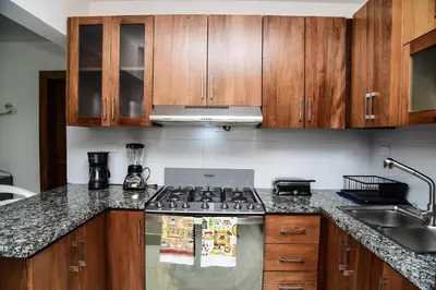 a kitchen with wooden cabinets and a stove top oven at Torre Real VI in Santiago de los Caballeros