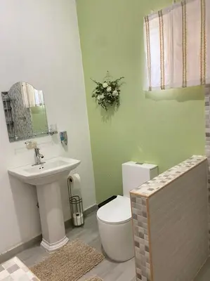 a bathroom with a white toilet and a sink at Only Room By Merengue House, 8 minutos airport in Monte Adentro