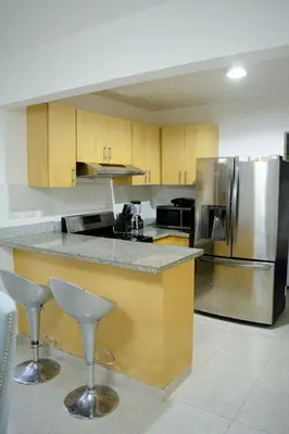 a kitchen with wooden cabinets and stainless steel appliances at The apartment you dreamed of 1 in Santiago de los Caballeros