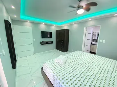 a bedroom with a bed and a ceiling fan at Hotel Checo Sosúa in Sosúa