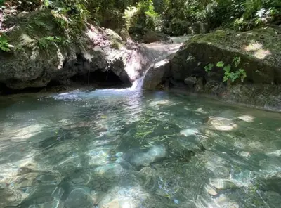 a pool of water in front of a waterfall at Oasis en la naturaleza Rancho alto bonito in Las Galeras