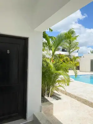 a black door of a house with a pool and palm trees at The White Rock Hotel B&B in Los Conucos