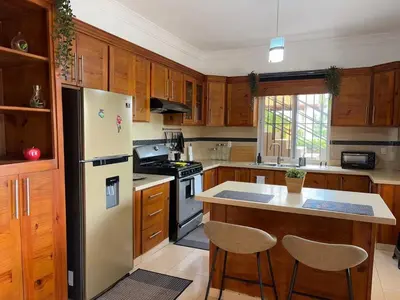 a kitchen with wooden cabinets and a white refrigerator at Casa Canephora in Las Galeras