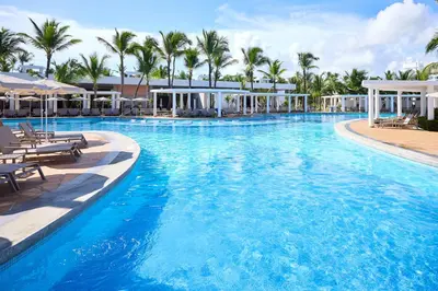 a large pool with blue water and palm trees at Riu Palace Bavaro - All Inclusive in Punta Cana