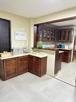 a kitchen with wooden cabinets and a counter top at LA CASA DE MAMA LUZ in San Felipe de Puerto Plata