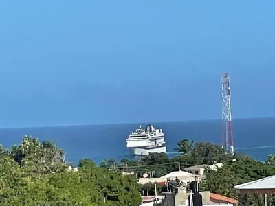 a large cruise ship in the water with trees at Royal Terrace I (Queen ) in San Felipe de Puerto Plata
